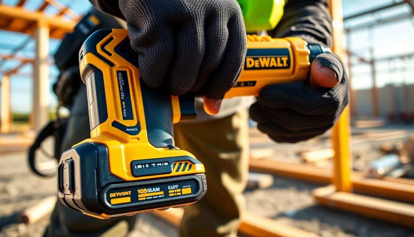 Actionaufnahme eines Dewalt Taladro, der von einem Bauunternehmer auf einer Baustelle verwendet wird.