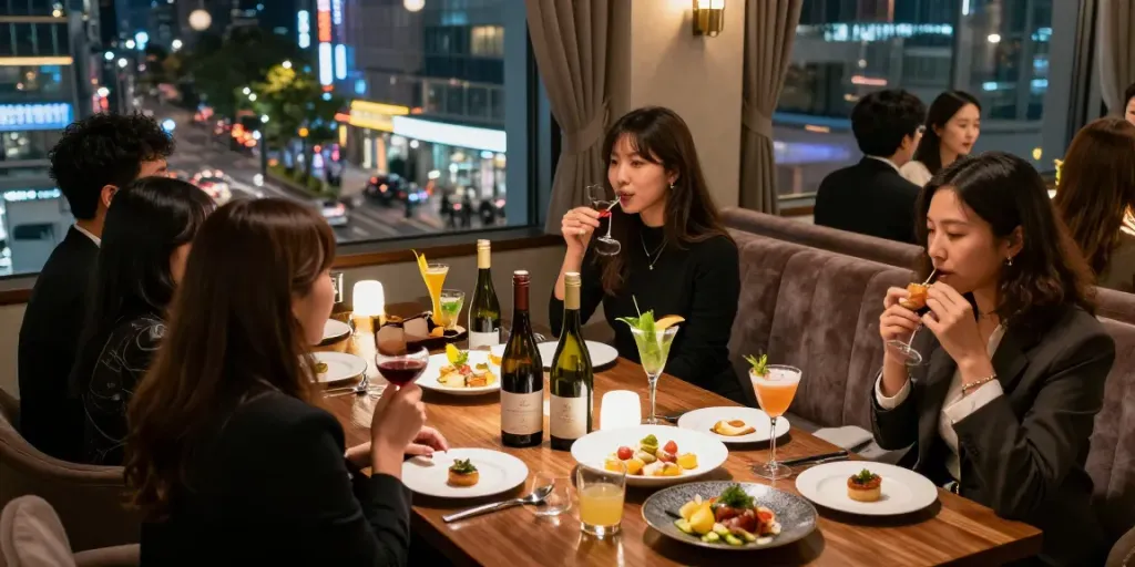 강남 구구단에서의 고급스러운 사적 모임, 멋진 음료와 안주가 테이블에 놓여 있는 모습