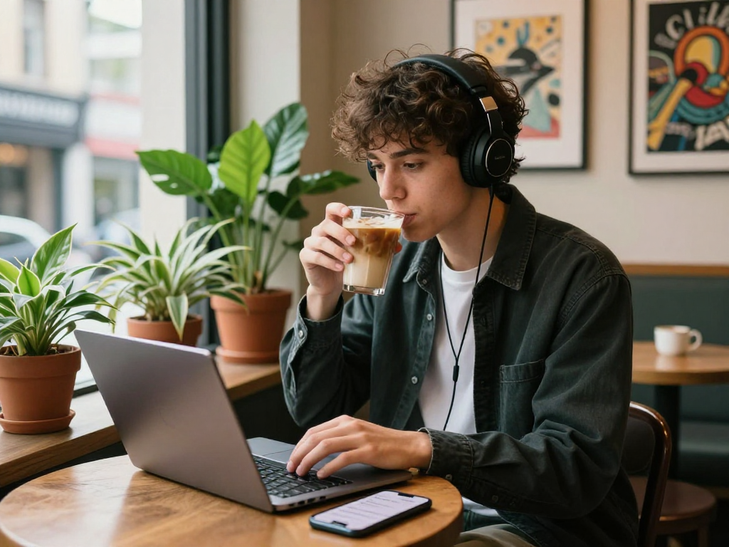 Young person crush on creativity while working in trendy coffee shop with laptop and iced latte.