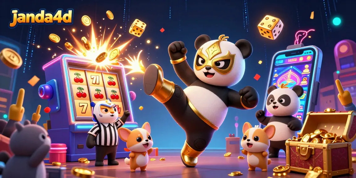 janda4d menampilkan ilustrasi kasino yang hidup dengan panda gulat terbang dan keseruan penonton