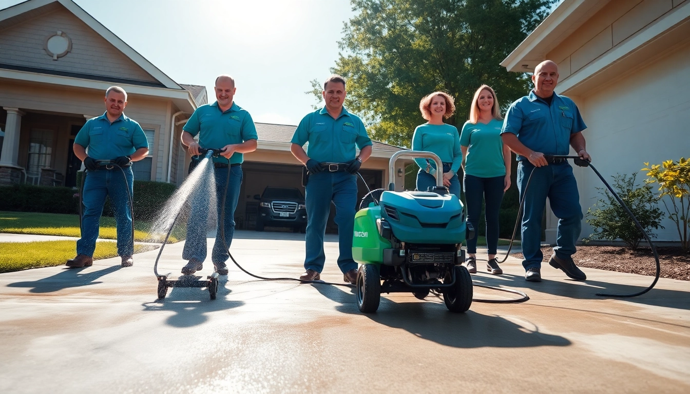 Concrete cleaning service team revitalizing a driveway with pressure washing equipment.