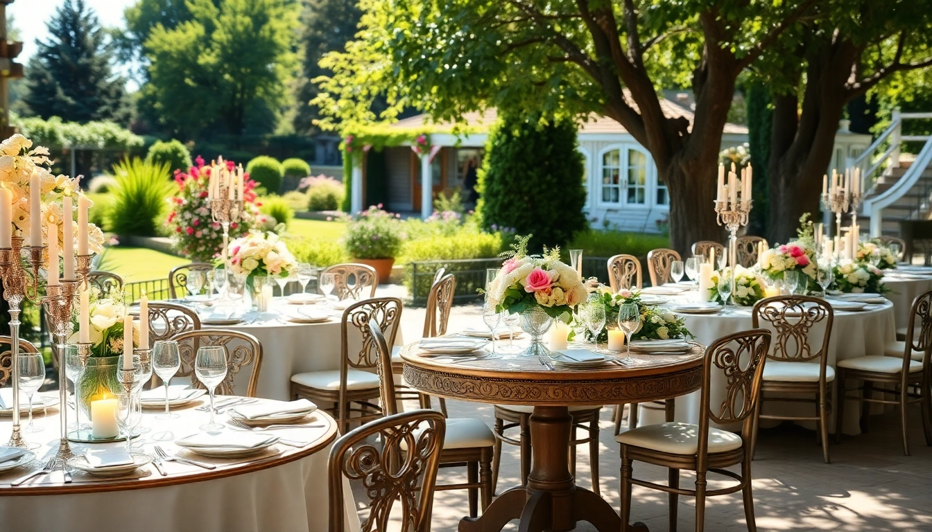 Beautifully arranged wedding & event rentals in an outdoor garden setting.