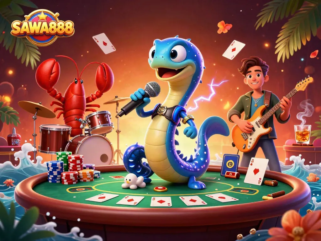Experience the excitement of SAWA888 with a vibrant underwater casino scene featuring animated characters and poker elements.