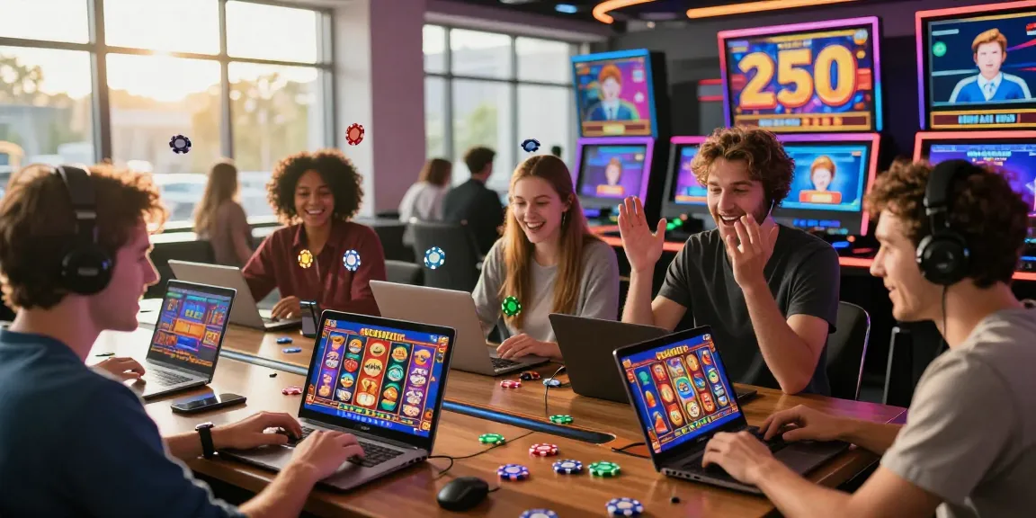 Players at https://aboutderbyshire.co.uk enjoying vibrant Bonus Buy slots in a modern casino setting, showcasing excitement.