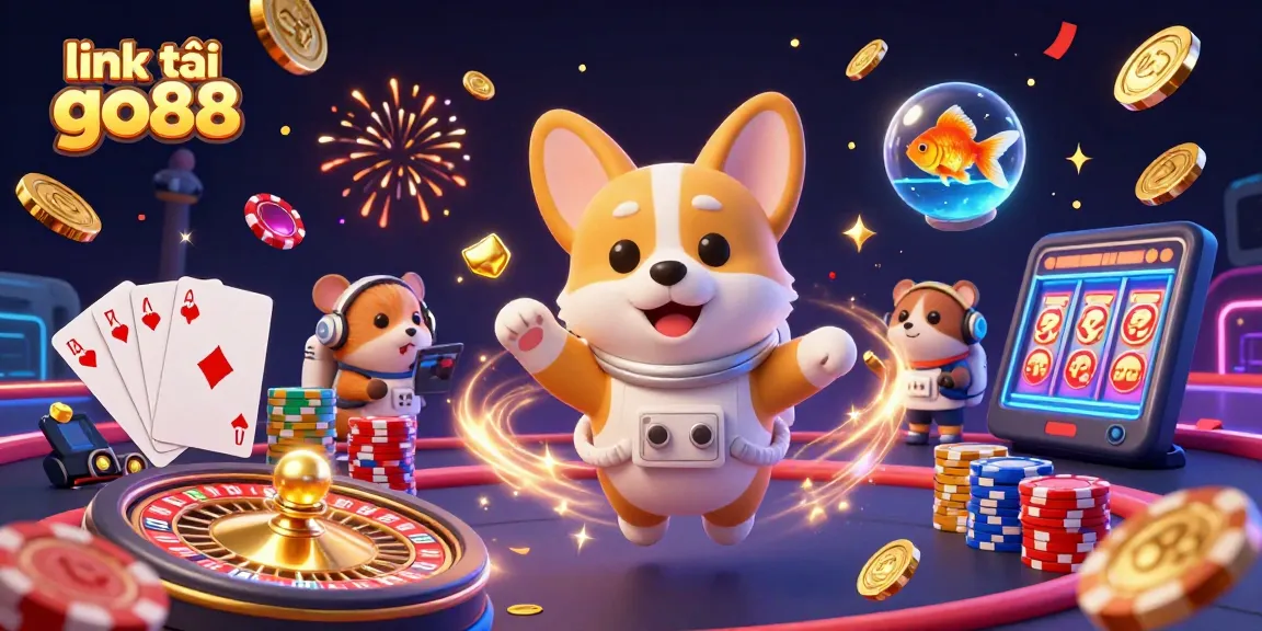 Experience excitement with link tải go88 as a cartoon astronaut corgi and friends adventure in a space casino.