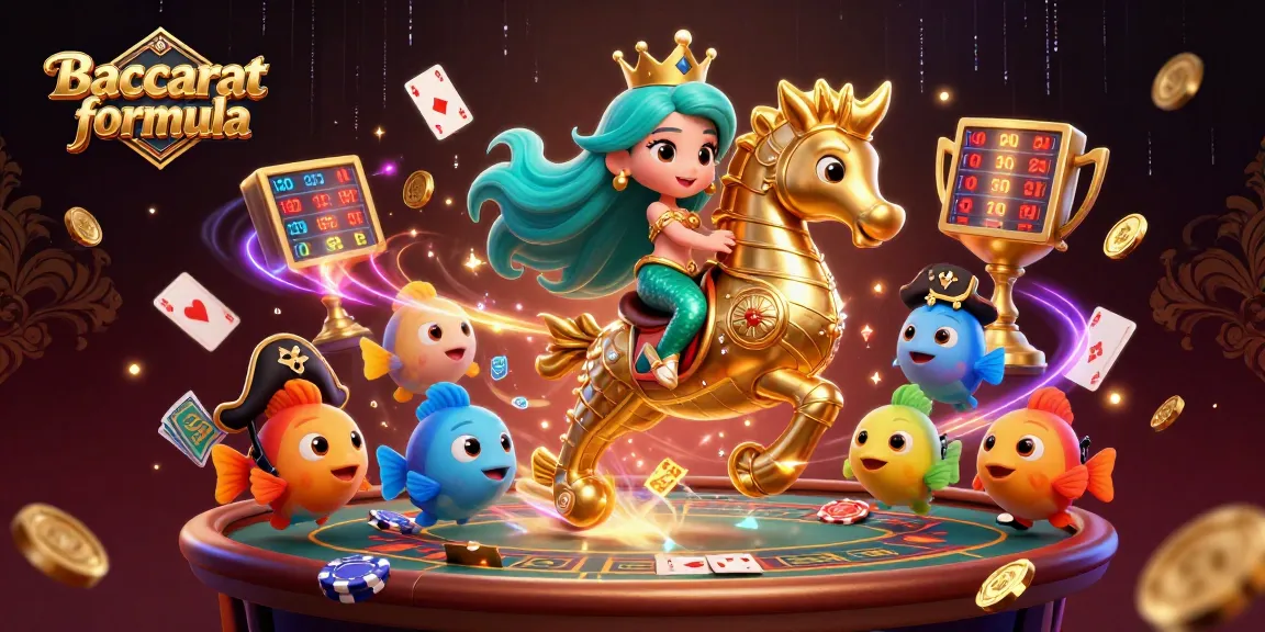 Baccarat formula scene illustrating a 3D mermaid princess with a giant seahorse, surrounded by live casino elements and dynamic graphics.