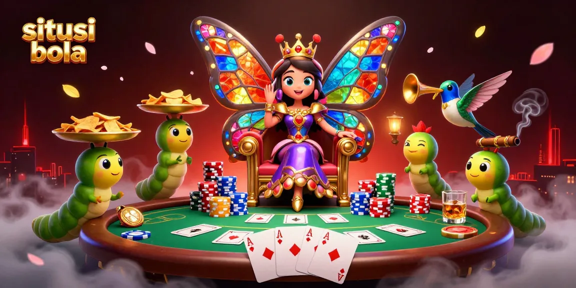 Situs judi bola offers immersive betting experiences with vibrant casino illustrations and dynamic poker scenes.