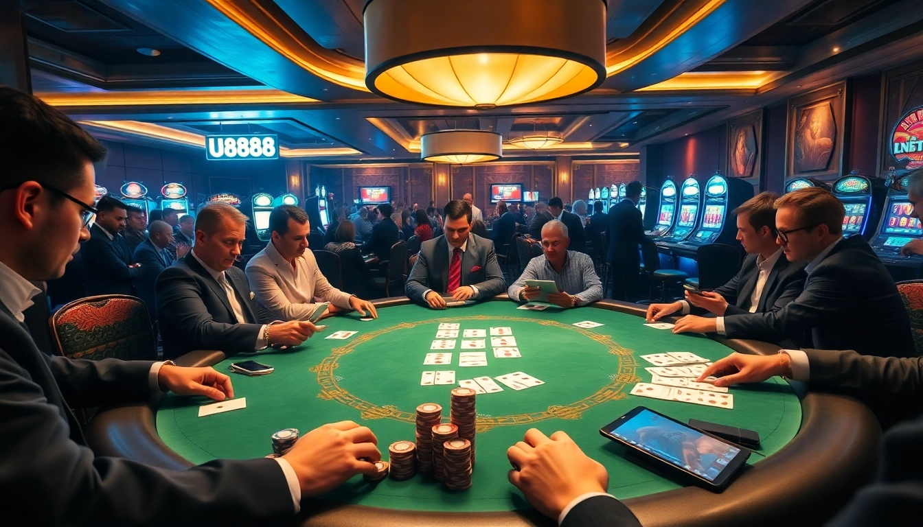 Exciting poker scene with U8888 branding, showcasing high-stakes gambling atmosphere and players engaged in an intense game.