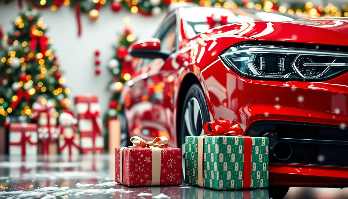 Gift box and detailed car showcasing a Christmas car detailing gift in festive decor.