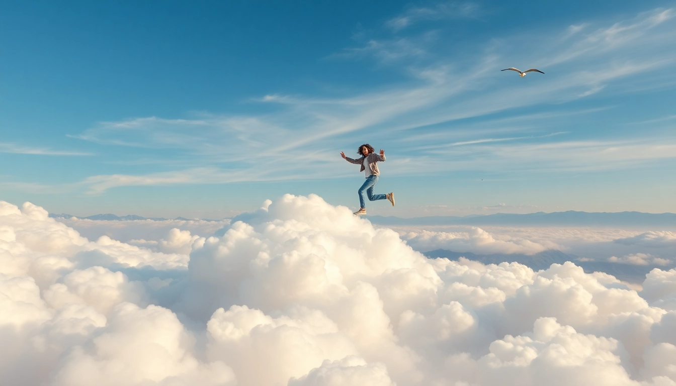 Walking on Clouds person joyfully leaps among soft clouds in a bright, dreamy landscape.