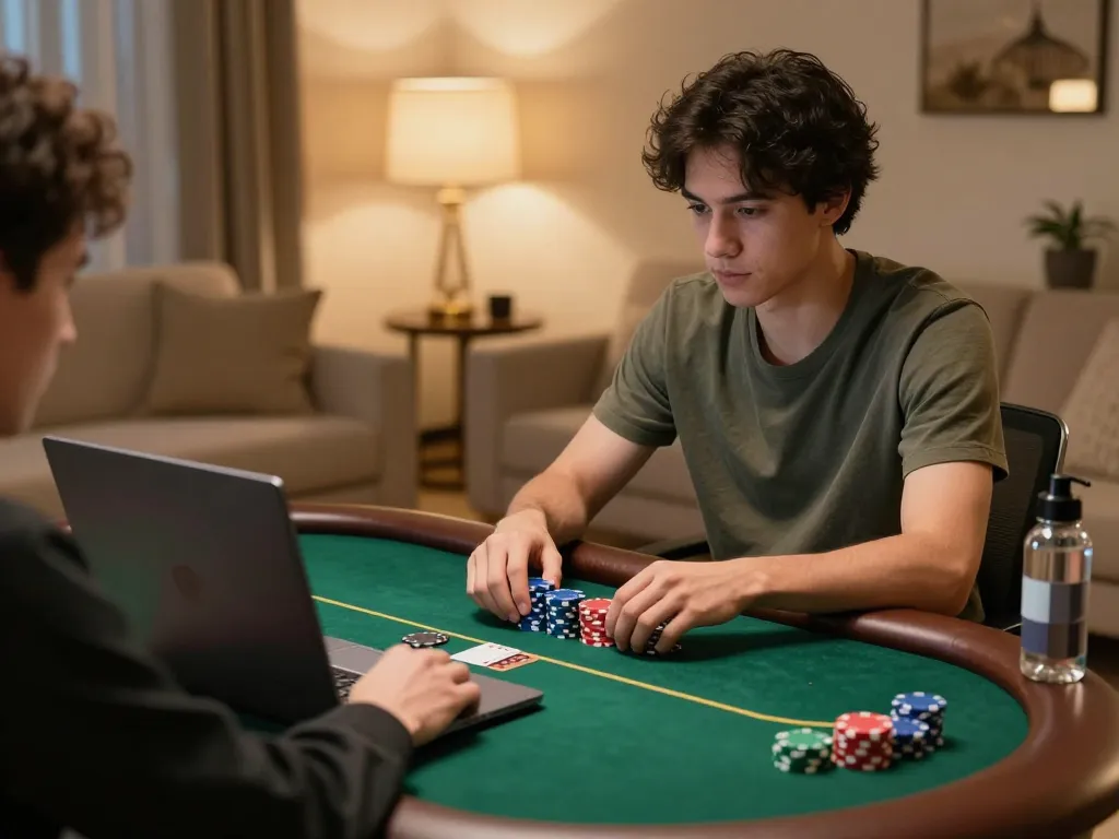 Player analyzing strategy while playing rokok88 poker online in a stylish home setting.