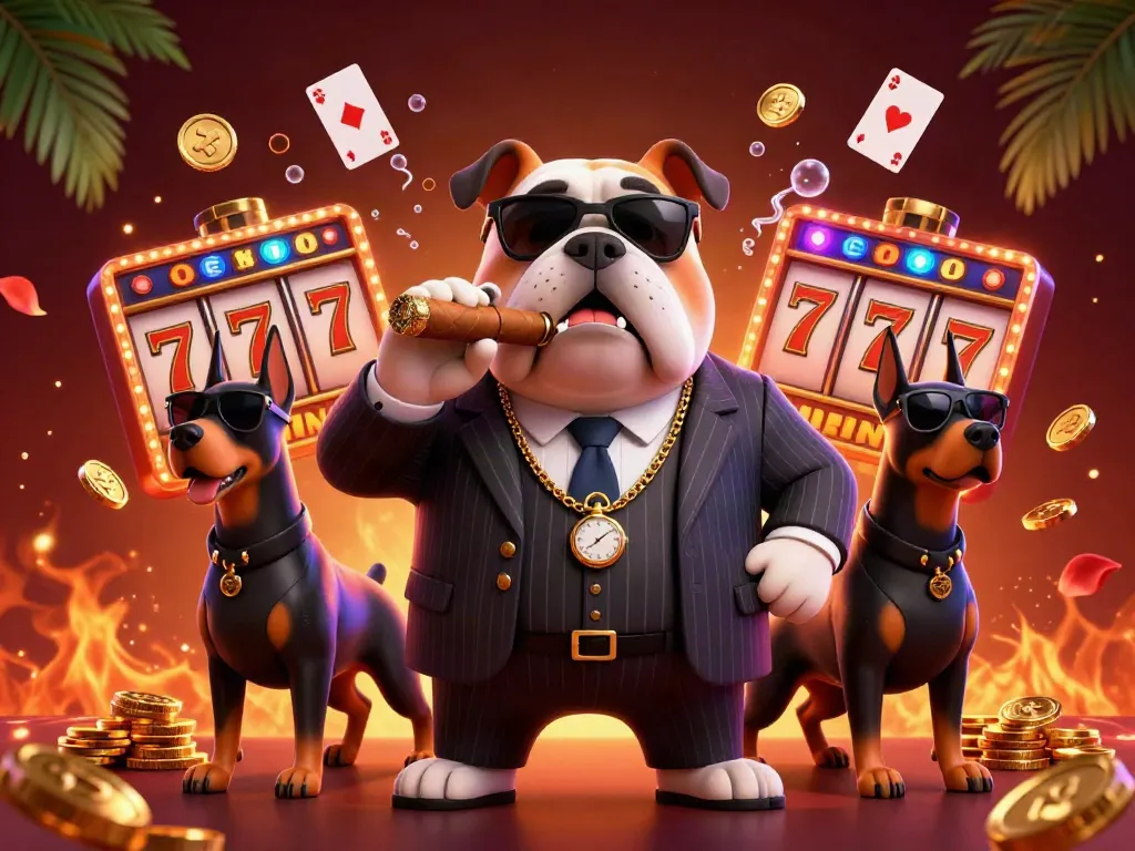 Slot gacor hari ini dalam skenario kasino dengan karakter bulldog mafia dan bodyguard, memainkan slot.