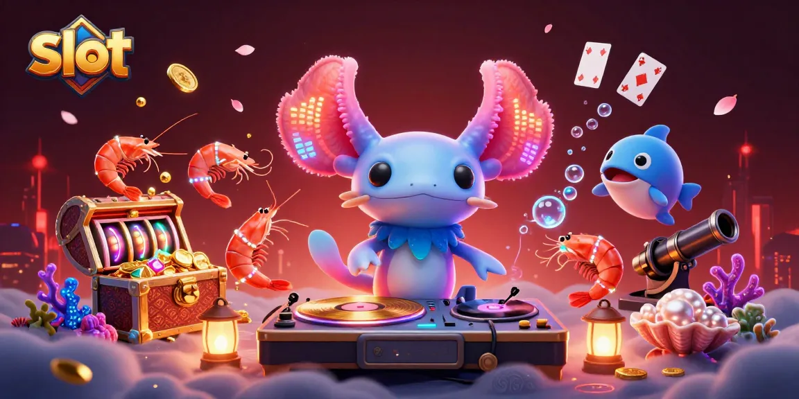 Engage in thrilling slot games with neon axolotl DJ and glowing corals in a vibrant underwater scene.