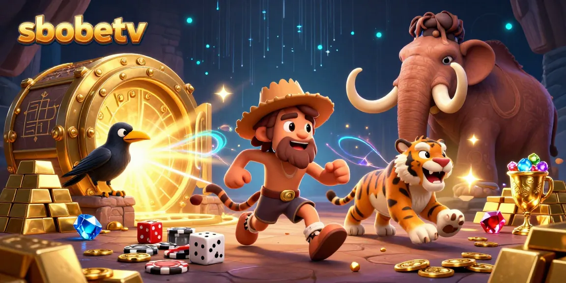 Sbobetv offers an exciting casino scene with a prehistoric theme, showcasing unique game elements and characters.