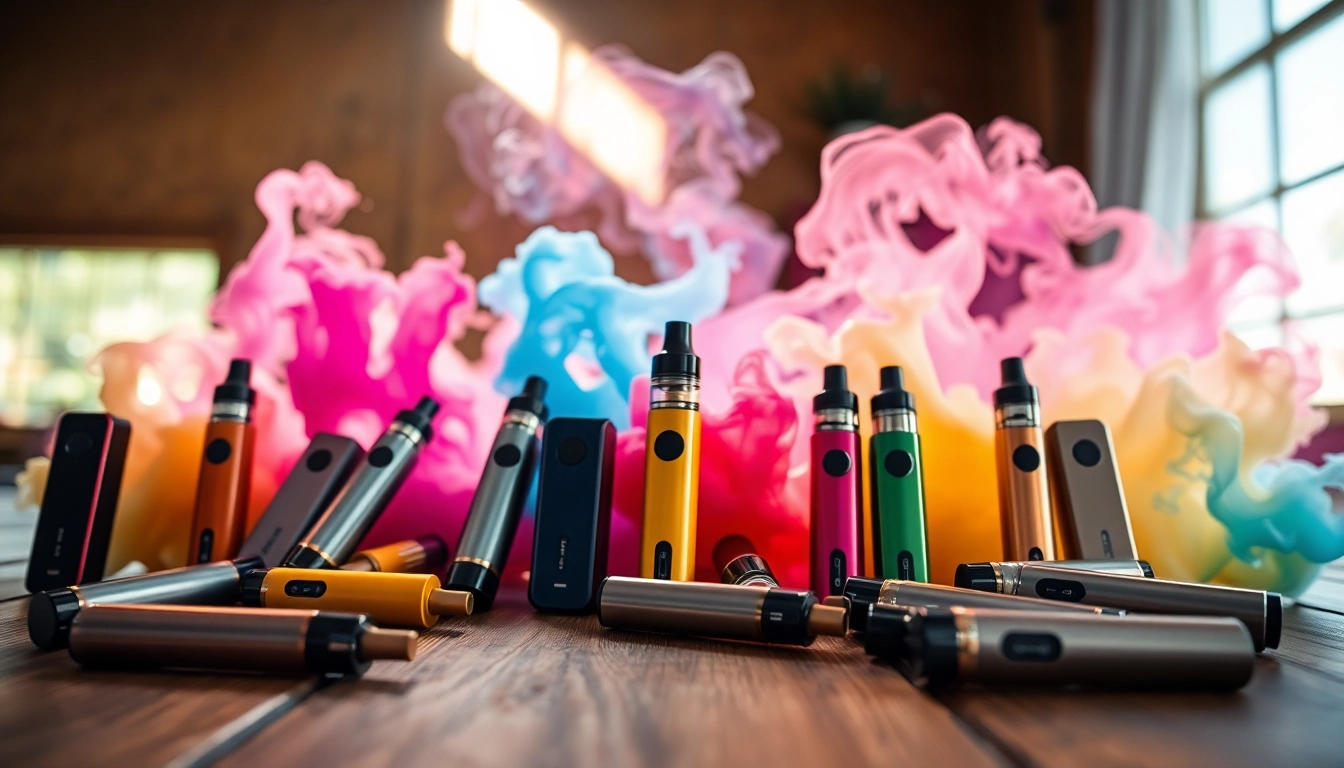 Showcasing a diverse range of disposable vape devices with vibrant colors and flavors.