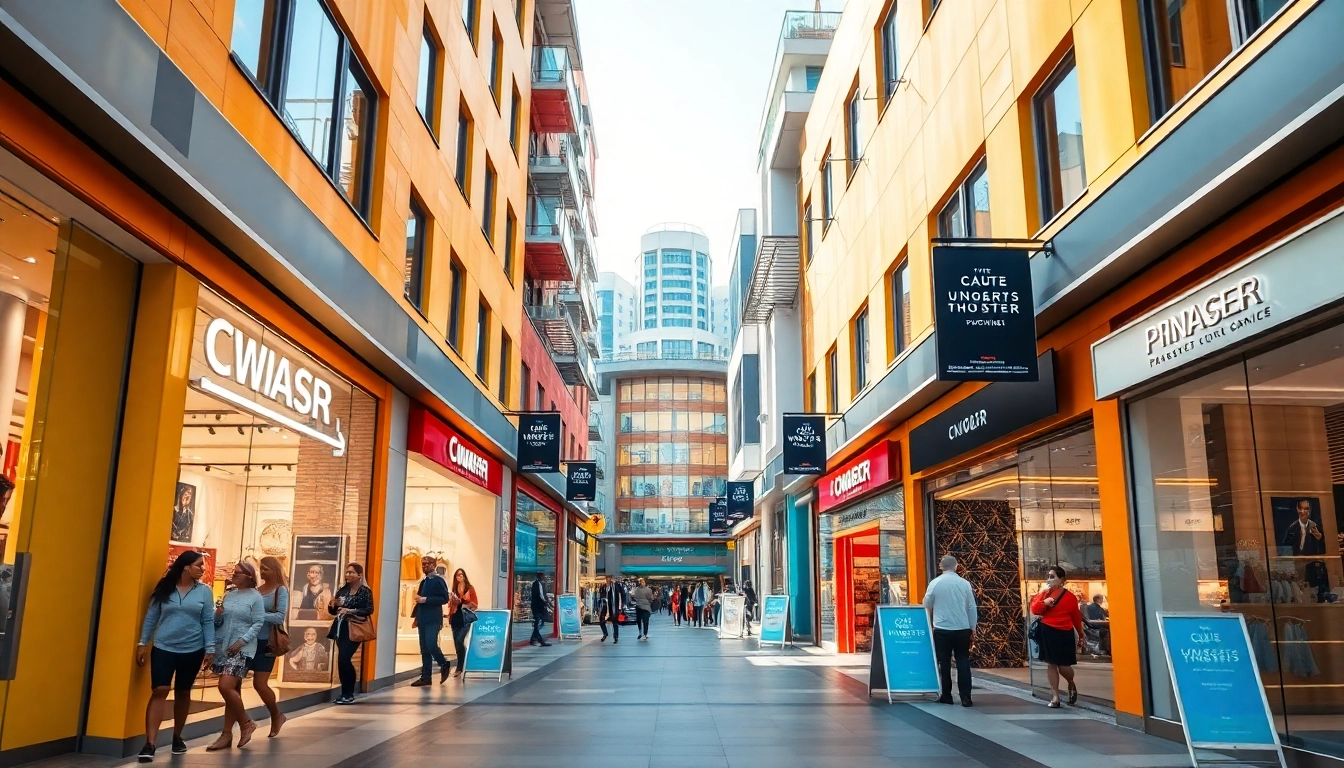 Engaging multi-store environment highlighting diverse shopping experiences in a bustling urban scene.