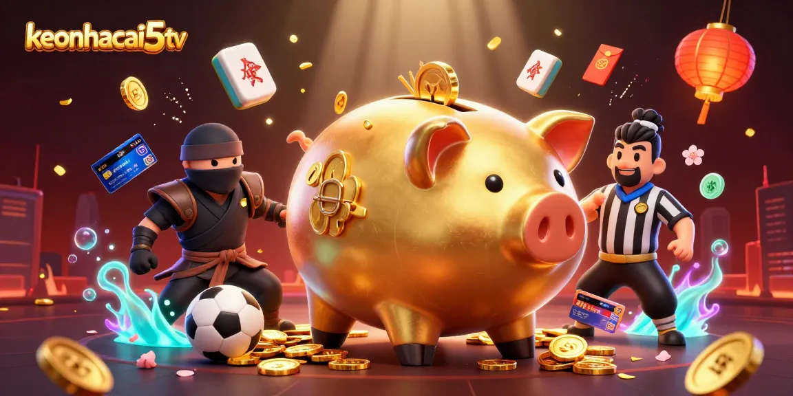 Engage with keonhacai5tv as a giant golden piggy bank sumo wrestler stomps out coins in a vibrant casino scene.