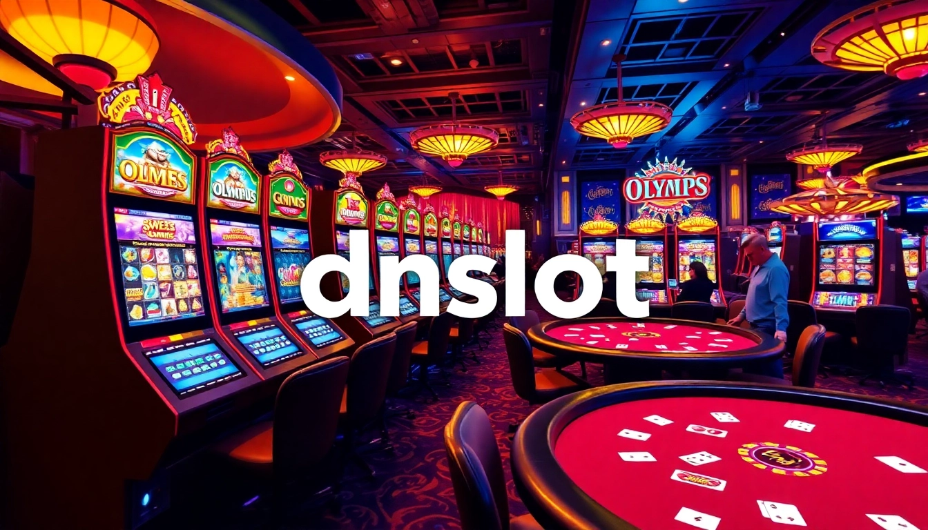 Engage with idnslot at a lively casino filled with bright slot machines and poker tables.