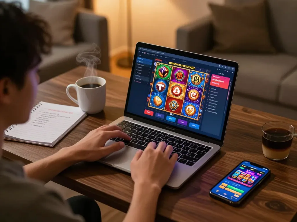 Engaging in ทดลองเล่นสล็อต at home, showcasing an online gaming setup with strategic notes.