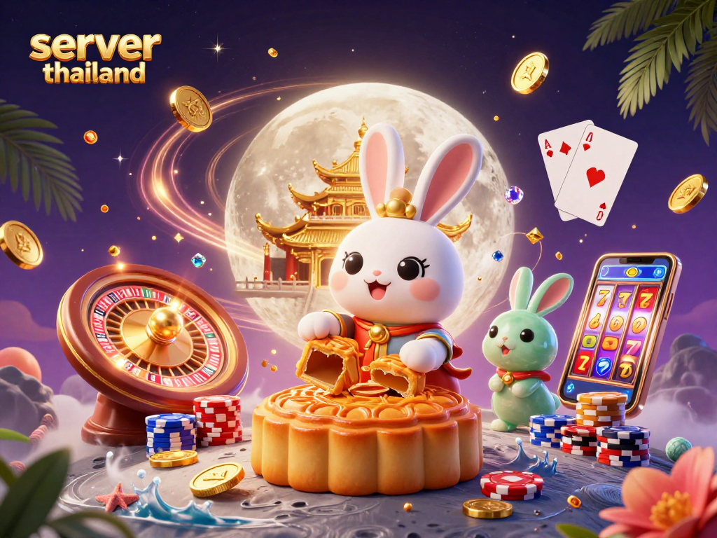 Spin to win with server thailand as the moon rabbit reveals poker chips within golden mooncakes.