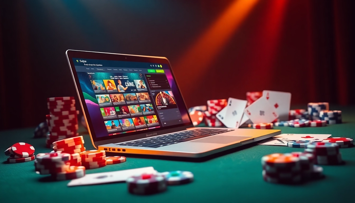 L'excitation du casino en ligne Français 2026 est capturée dans une scène de jeu en ligne vibrante avec des jetons de poker et un ordinateur portable.
