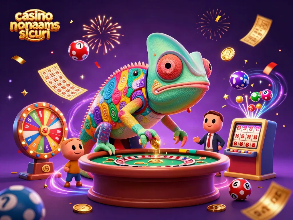 Gioca nei migliori casino non aams sicuri con un camaleonte che cattura gettoni dorati tra giochi e vincite.