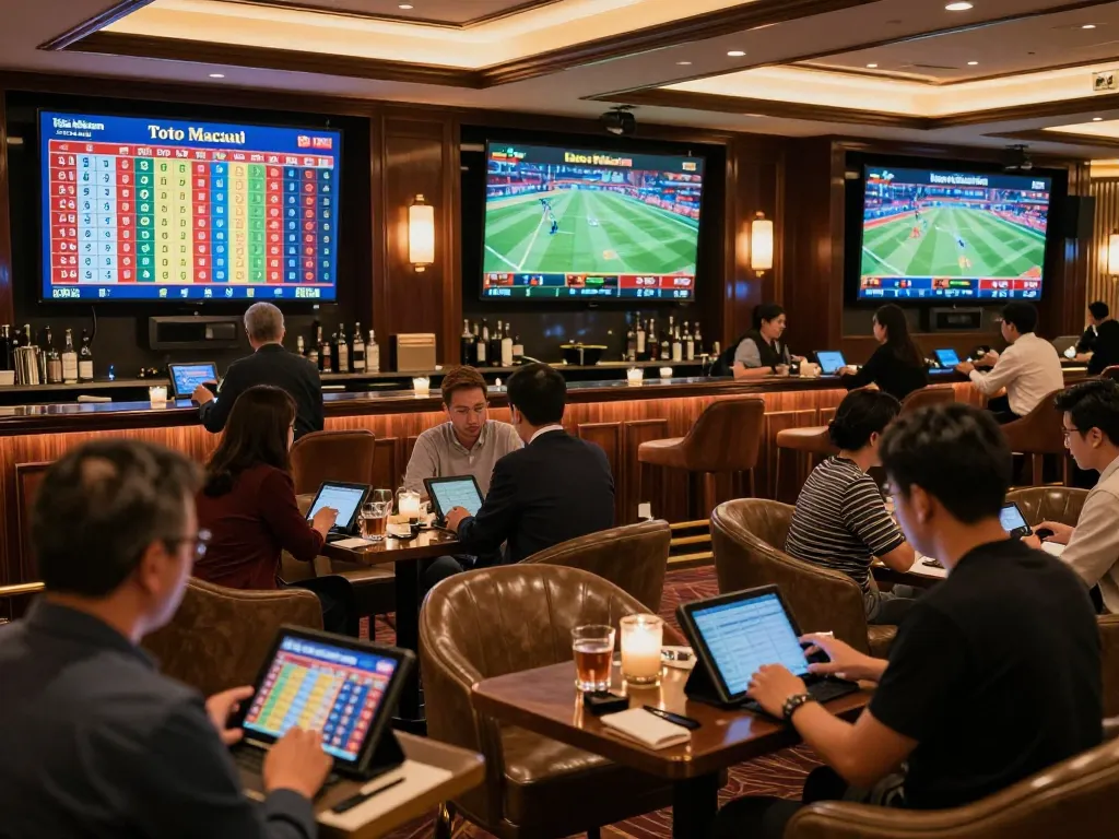 Lounge taruhan olahraga Toto Macau yang dipenuhi penjudi bersemangat menganalisis odds