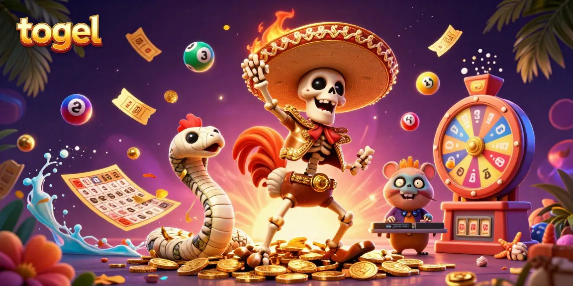 Engage in togel excitement with a vibrant scene featuring dancing skeletons and colorful lottery elements.
