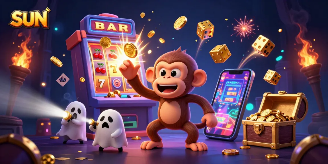 Sun slots scene featuring a mischievous monkey juggling golden coins, enhancing the gaming experience.