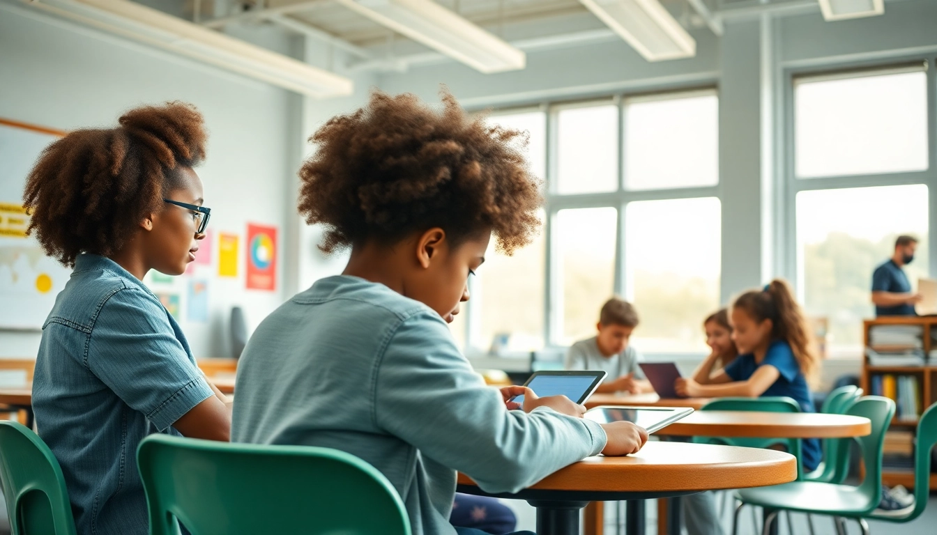 Engaging education scene with diverse students using digital tools in a modern classroom focused on innovation.