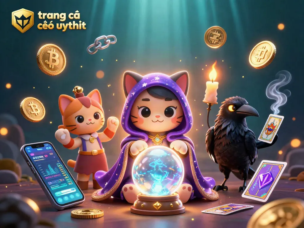 Các trang cá cược uy tín với chú mèo kỳ diệu và quạ cát tarot đang thưởng thức các đồng tiền tiền điện tử.
