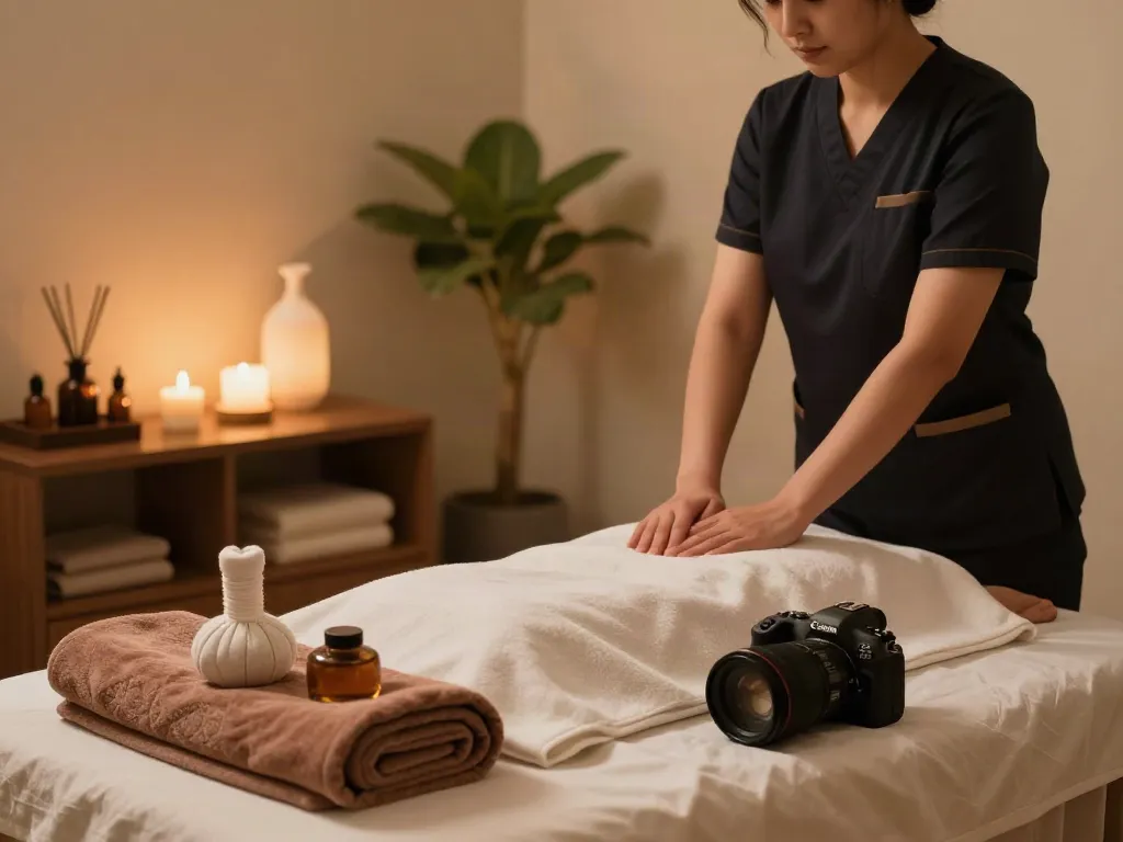 철산동출장마사지 in a tranquil therapy room with soothing decor and essential oils.