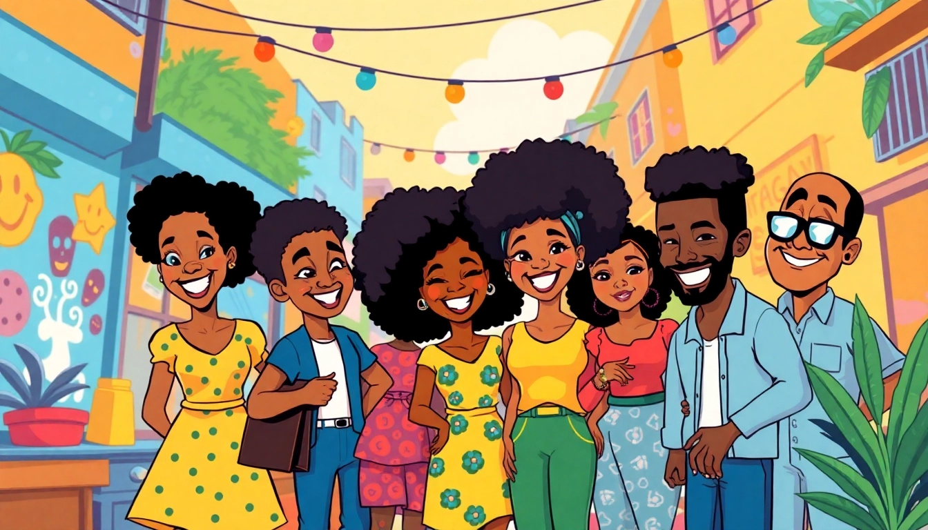 A lively scene featuring iconic African American Cartoons characters celebrating diversity in a colorful urban setting.
