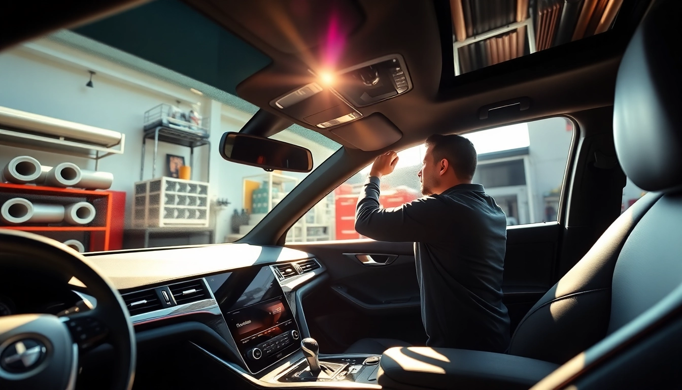 Applying a window tint gift card to a luxury vehicle's sleek interior.