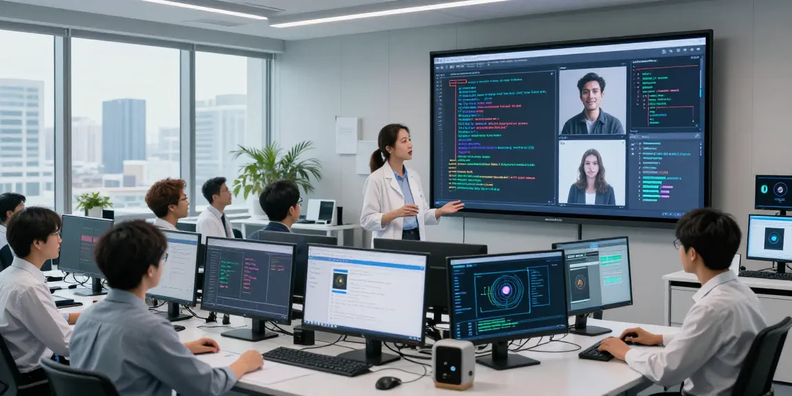Collaborative AI research lab with a team analyzing the ai image detector capabilities for content moderation.