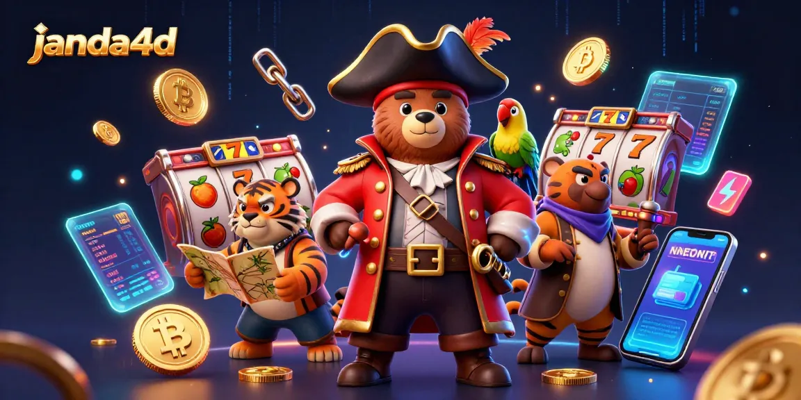 Janda4d menghadirkan pengalaman slot terbaik dengan ilustrasi kapal bajak laut dan koin crypto bersinar.