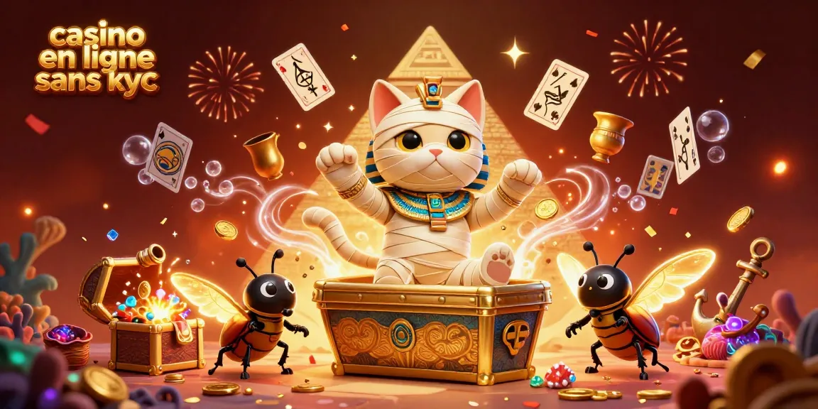 Découvrez le casino en ligne sans KYC avec une illustration dynamique d'un chat momie égyptien et un scarabée.