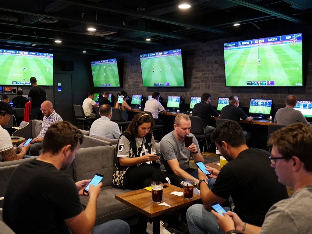 Engaging bettors discuss 7meter parlay strategies in a vibrant sports betting lounge
