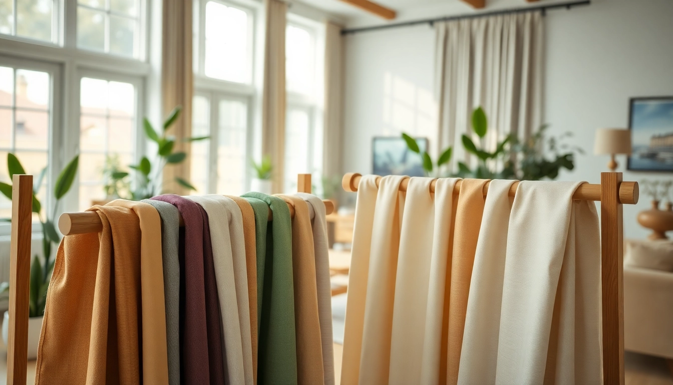 Gordijnstof kopen online: Elegantly displayed curtain fabrics enhancing a stylish interior.