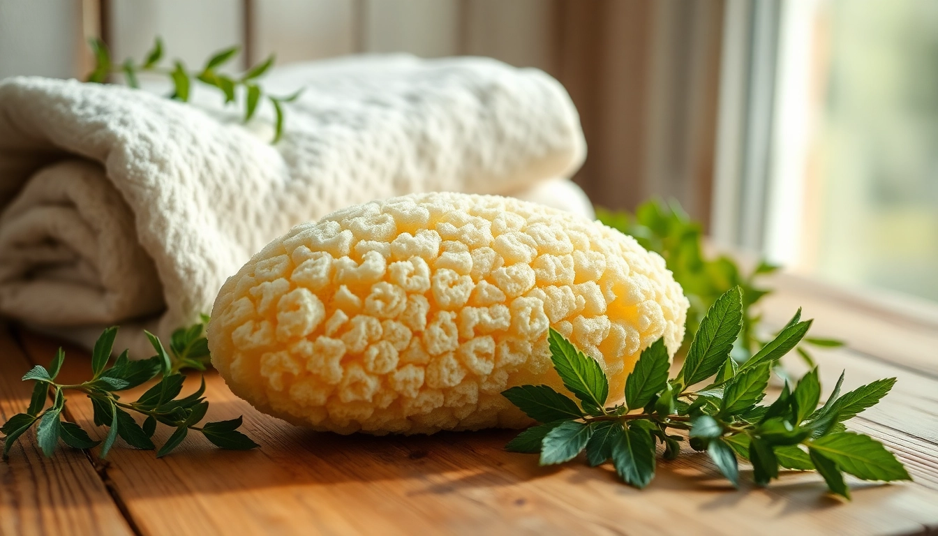 Experience the benefits of a raw loofah sponge, enhanced by natural elements for skincare beauty.