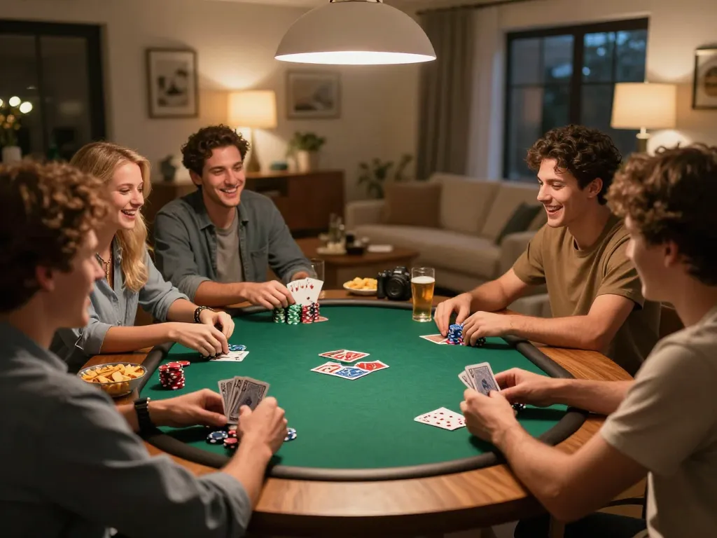 Engaged friends enjoying poker night at home, highlighting hidden wiki gaming strategies for fun.