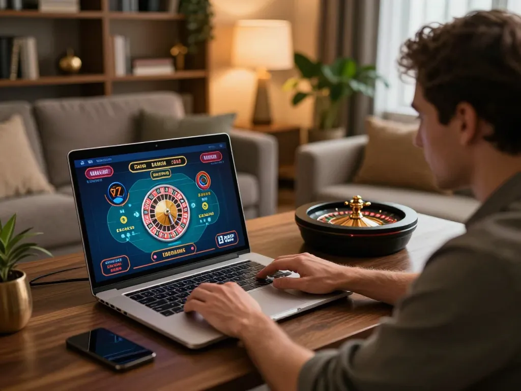 Engaging online roulette gameplay on 388bet platform in stylish home office.