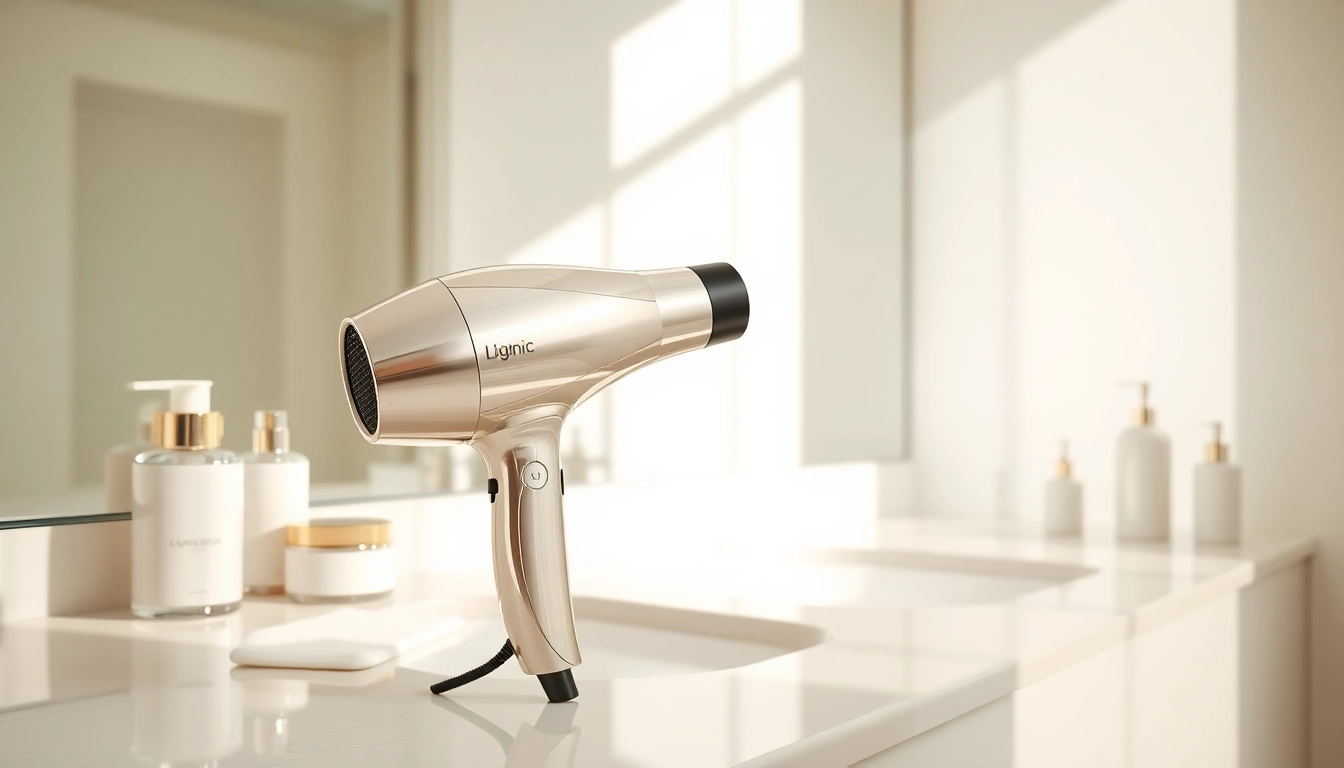 Styling with an ionic hair dryer in a luxurious bathroom setting.
