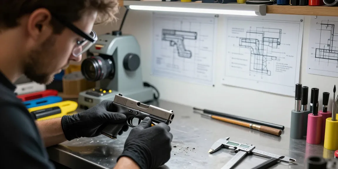 Glock customization workspace at https://precisionglockslides.com showcasing craftsmanship and precision tools.