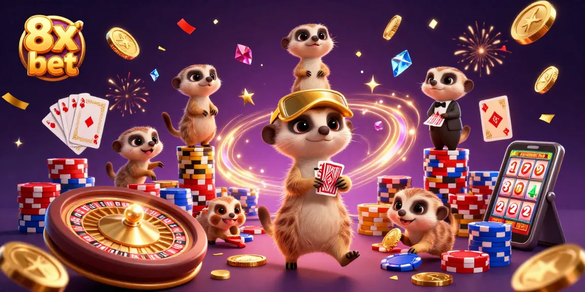Engage in the excitement of 8x bet at a vibrant casino scene with meerkats!