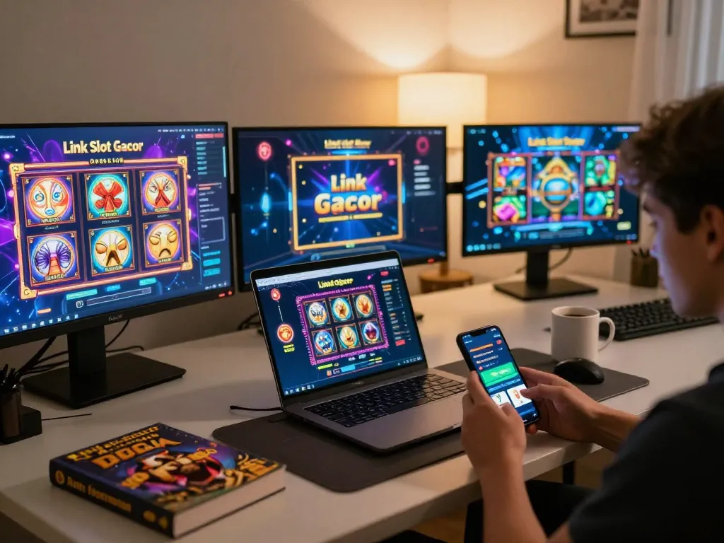 Playing online casino with Link Slot Gacor on screens, showcasing vibrant gaming interface.