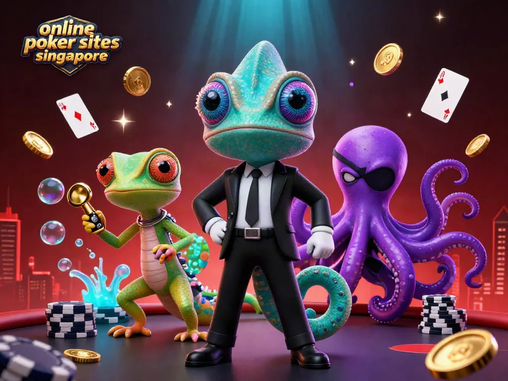 Engage with online poker sites Singapore featuring cards, chips, and vibrant casino elements in a dynamic scene.