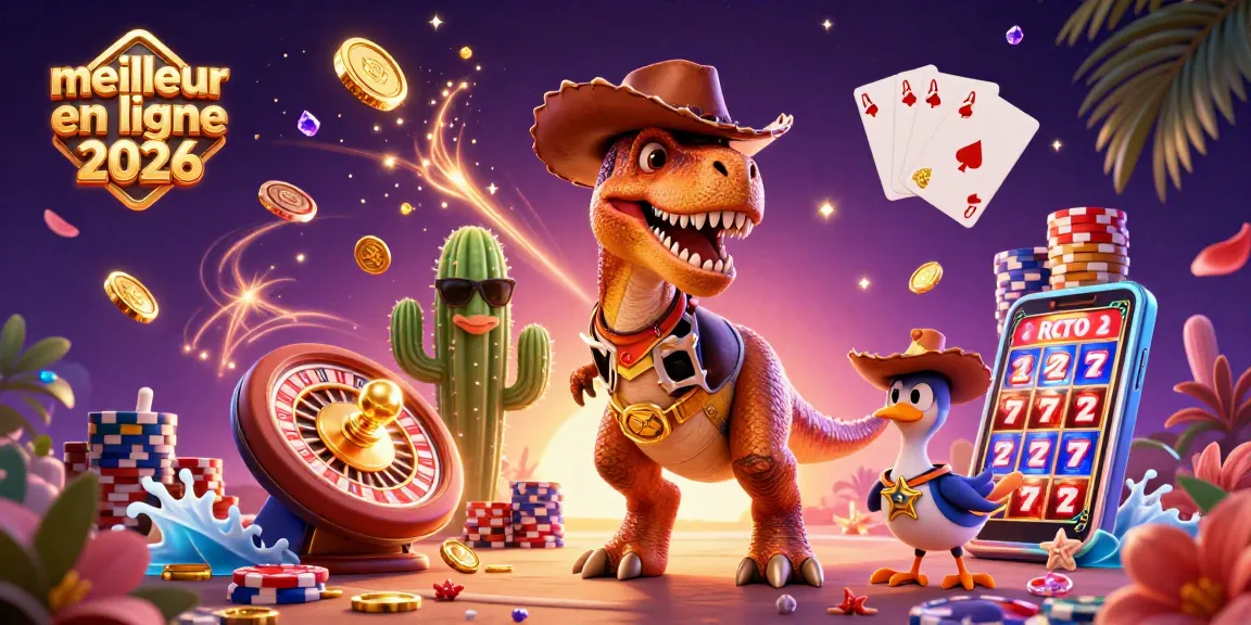 Image dynamique du meilleur casino en ligne 2026 avec un dinosaure cow-boy, des jetons et des jeux.