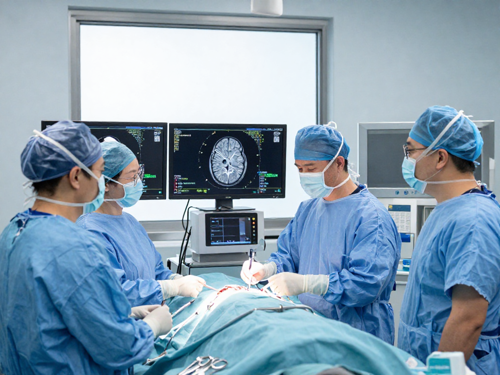Expert neurosurgeons performing a beyin tümörü ameliyatı in a state-of-the-art operating room with advanced technology.