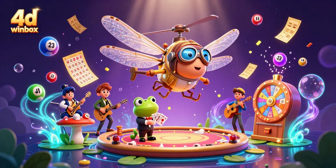 Experience the thrill of 4d winbox with a vibrant casino scene featuring a dragonfly pilot and frog croupier!